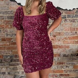 Lena Wine Velvet Sequin Puff Sleeve Mini Dress Small